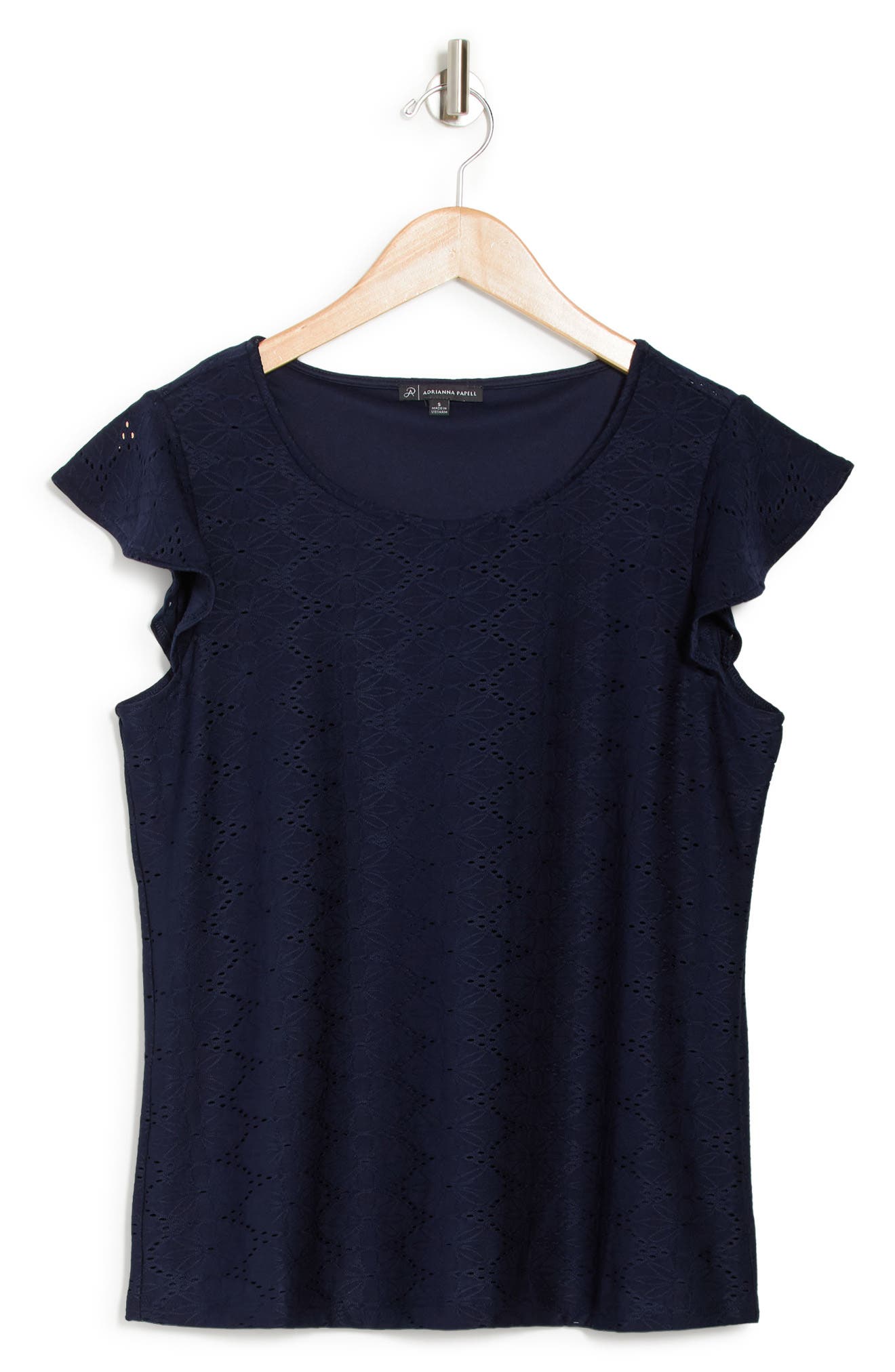 Adrianna Papell Scoop Neck Eyelet Cap Sleeve Blouse In Navy