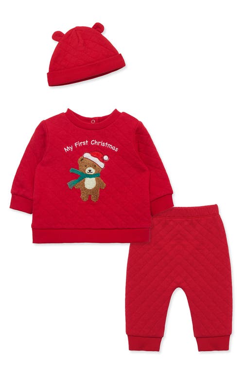 Little Me Kids'  My First Christmas Holiday Bear Appliqué Beanie, Sweatshirt & Joggers Set In Red