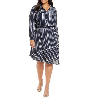 Plus Size Vince Camuto Plain View Stripe Long Sleeve Asymmetrical Dress, Black