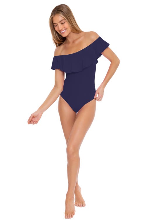 Shop Trina Turk Monaco Off The Shoulder Ruffle One-piece Swimsuit In Navy