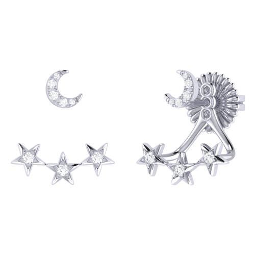 LUVMYJEWELRY LUVMYJEWELRY STAR TRIO CRESCENT SILVER DIAMOND STUD EARRING 