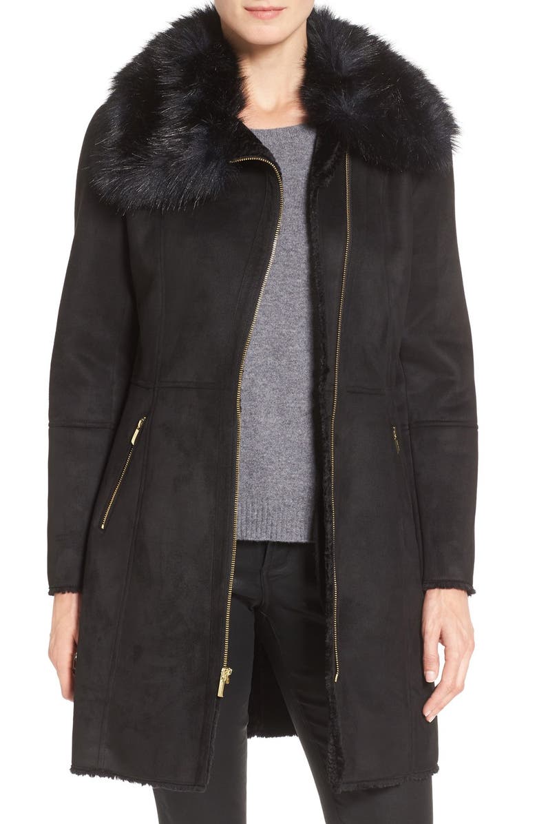 Cole Haan Signature Faux Shearling Coat with Faux Fur Trim | Nordstrom