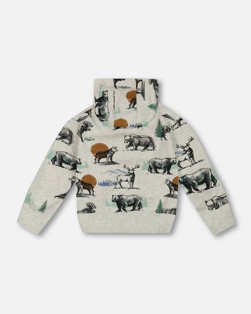 Shop Deux Par Deux Boy's Printed Forest Animals Fleece Hooded Sweatshirt Gray Mix In Oatmeal