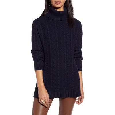 Halogen Cable Turtleneck Tunic Sweater, Blue
