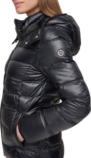 Calvin klein synthetic down bomber jacket hot sale with faux fur trim in black