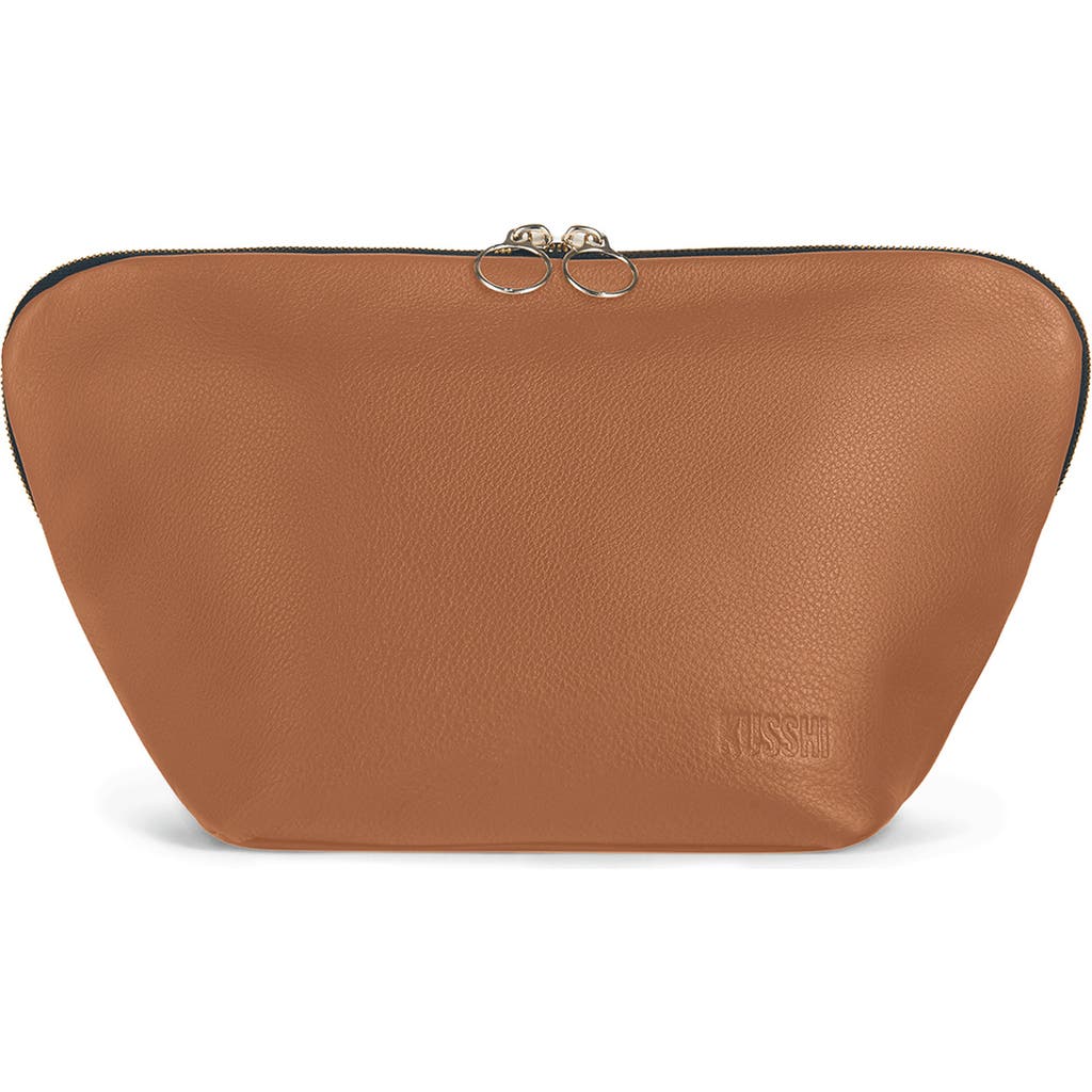 Kusshi Vacationer Leather Makeup Bag In Camel Leather/red