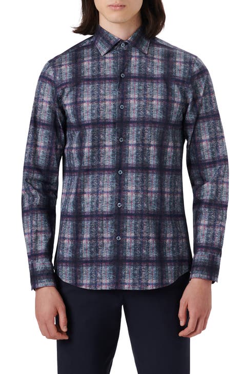 Axel Shaped Fit Plaid Stretch Cotton Button-Up Shirt