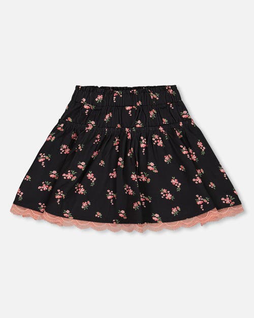 DEUX PAR DEUX DEUX PAR DEUX GIRL'S PRINTED FLOWERS FLARE VISCOSE SKIRT BLACK 