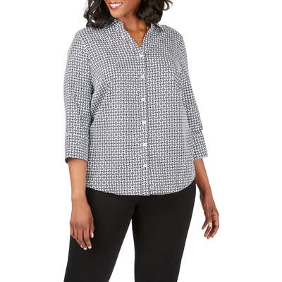Plus Size Foxcroft Mary Status Print Wrinkle-Free Shirt, Black