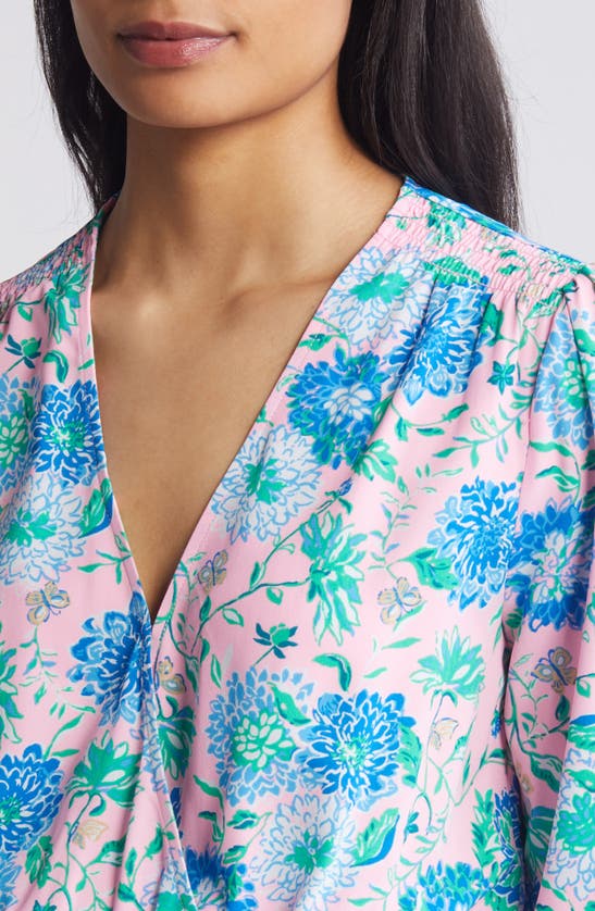 Shop Lilly Pulitzer Cristiana Floral Long Sleeve Surplice Neck Dress In Conch Shell