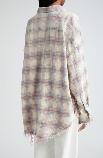 R13 Shredded Seam Drop Neck Oversize Plaid Cotton Button Up Shirt