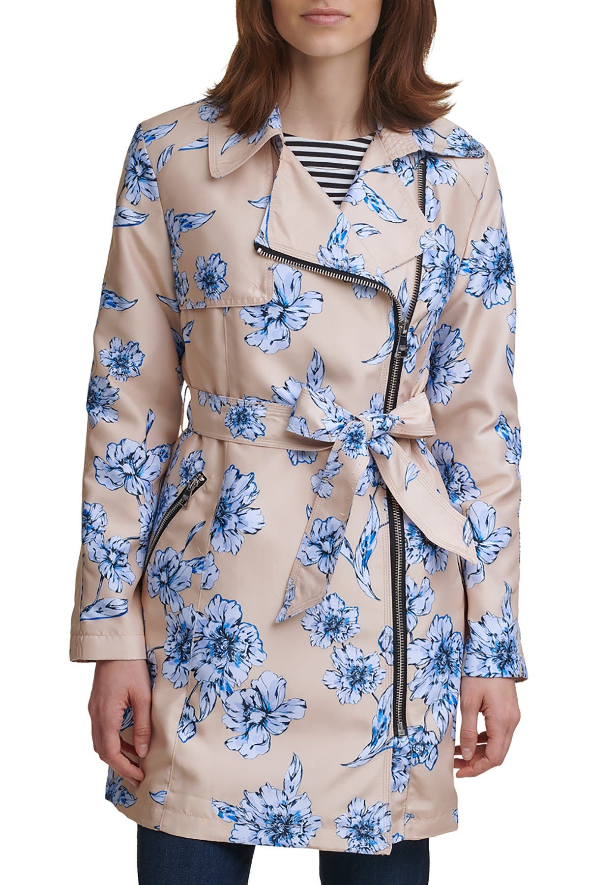 Karl Lagerfeld Double Breasted Floral Print Trench Coat In Charcoal1