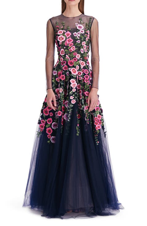 Hollyhock Embroidered Long Sleeve Chiffon Gown