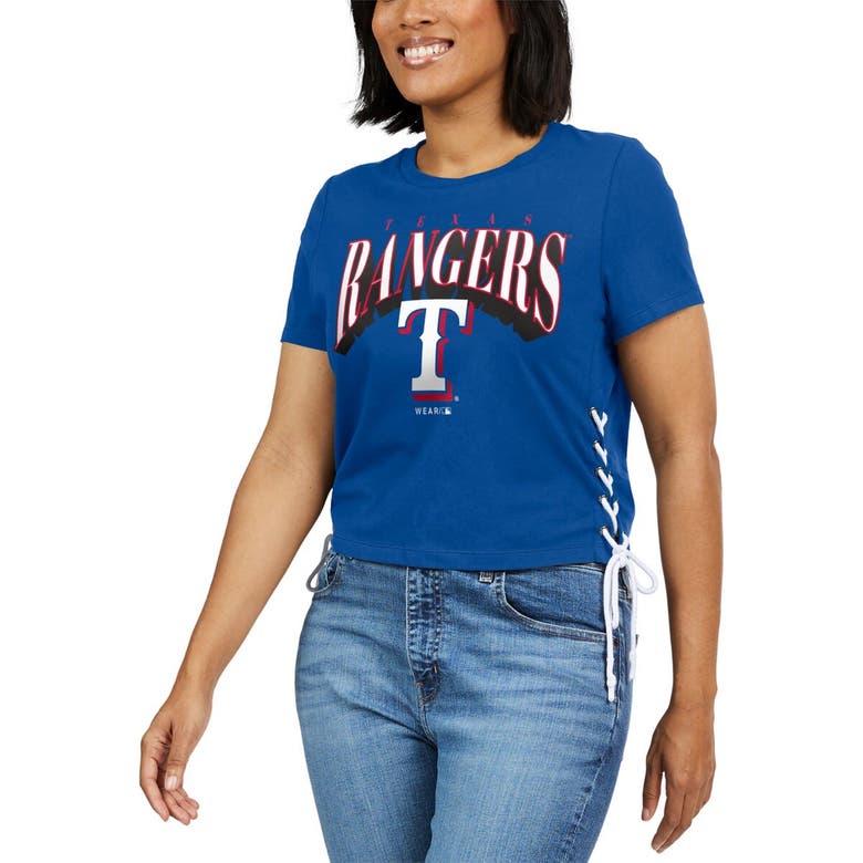 Shop Wear By Erin Andrews Royal Texas Rangers Side Lace-up Cropped T-shirt
