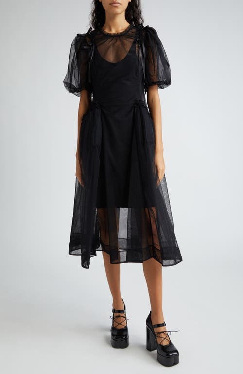Puff Sleeve Ruched Bite Tulle Midi Dress in Black