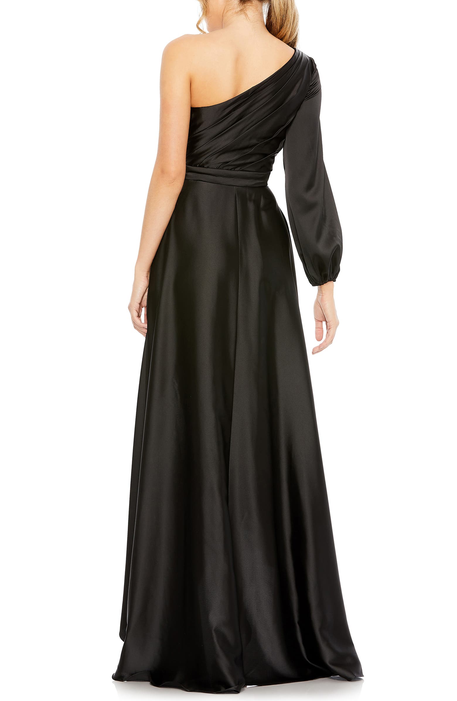 Ieena for Mac Duggal One-Shoulder Long Sleeve Satin High/Low Gown ...