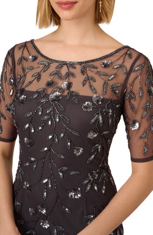 Shop Adrianna Papell Floral Beaded Cocktail Dress In Gunmetal