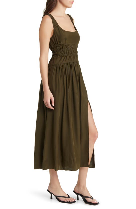 La Ligne Shirred Silk Midi Dress In Dark Olive
