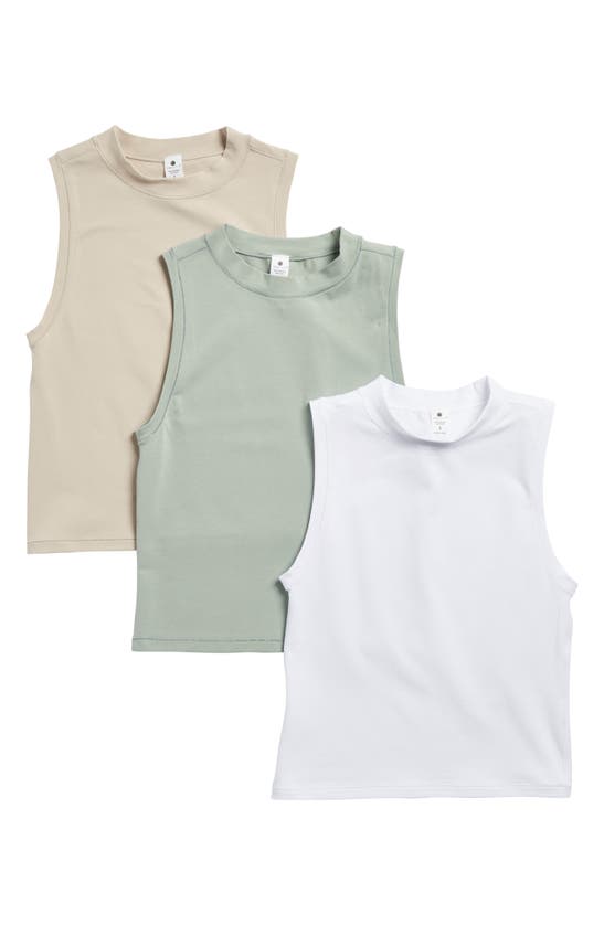 Yogalicious Assorted 3-pack Melissa Airlite Mock Neck Crop Sleeveless Tops In White/ Nacreous Cloud/ Green