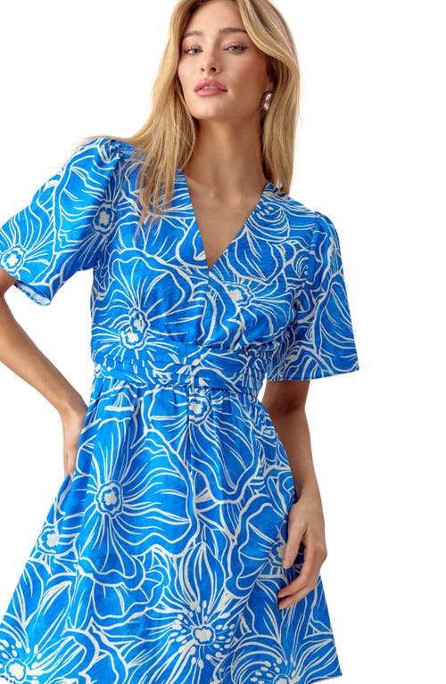 Adelyn Rae June Floral Pleated Cutout Fit & Flare Minidress In Sea Blue Cream
