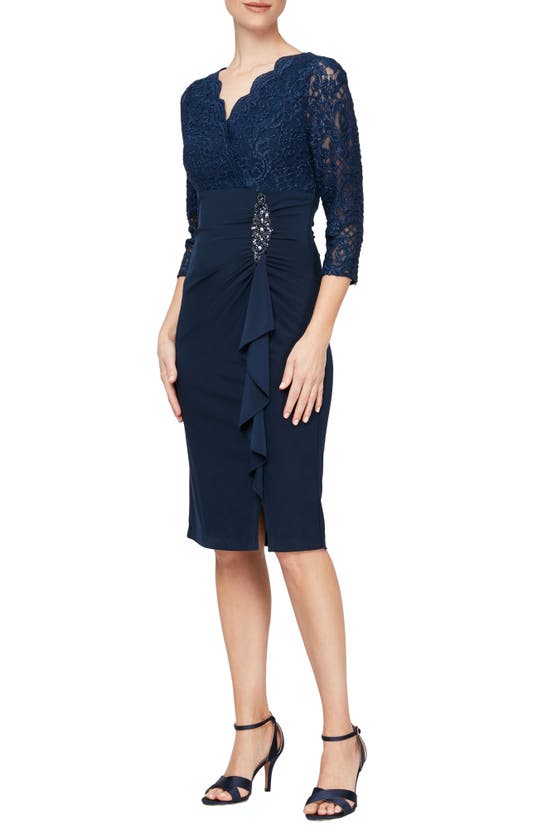 Alex Evenings Beaded Scallop Lace Sheath Dress In Navy