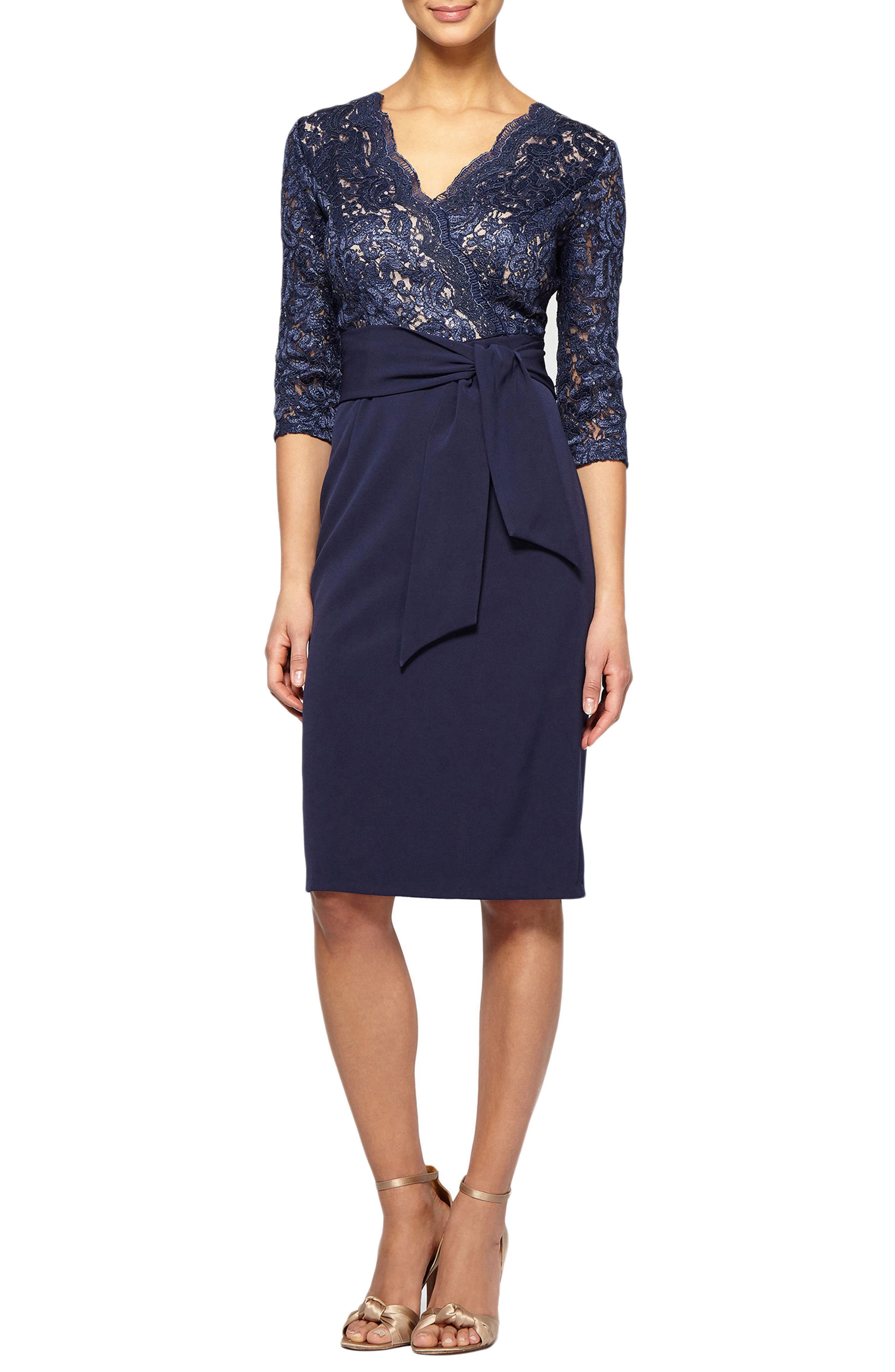 Petite Alex Evenings Tie Waist Lace Sheath Dress, Blue