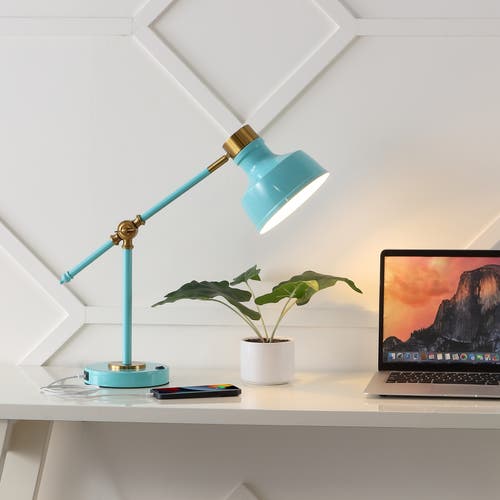 Jonathan Y Allegra Classic Farmhouse Adjustable Cantilever Led Task Lamp With Usb Charging Port In Cyan/brass Gold