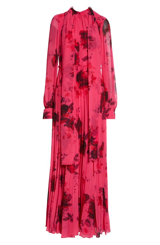 Shop Erdem Floral Print Pleated Long Sleeve Voile Gown In Cerise