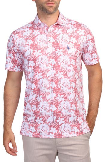 Tailorbyrd Tropical Hibiscus Print Performance Polo In Nantucket Red