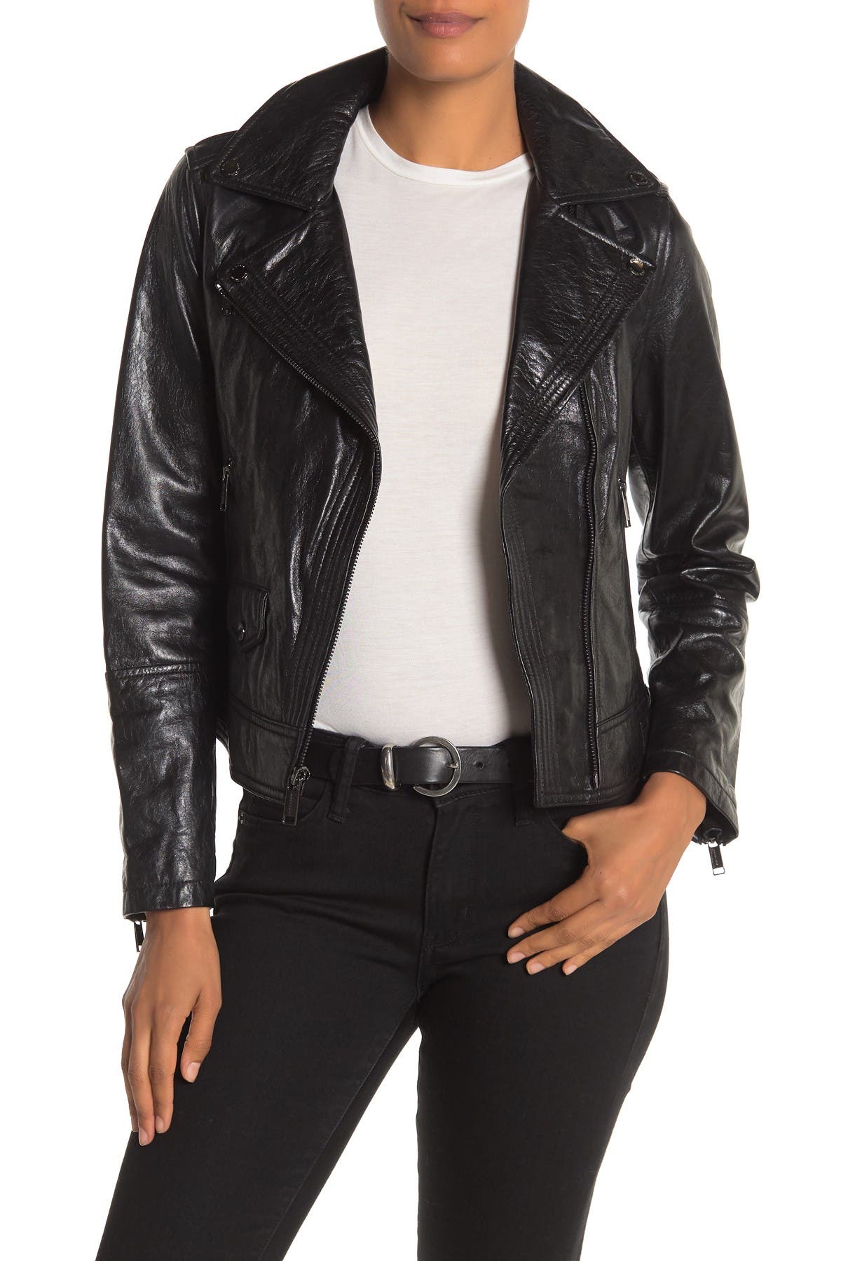 michael kors women's black leather motorcycle jacket