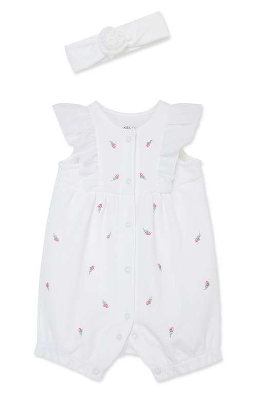 Little Me Rosebud Embroidered Cotton Romper & Headband Set White at Nordstrom,
