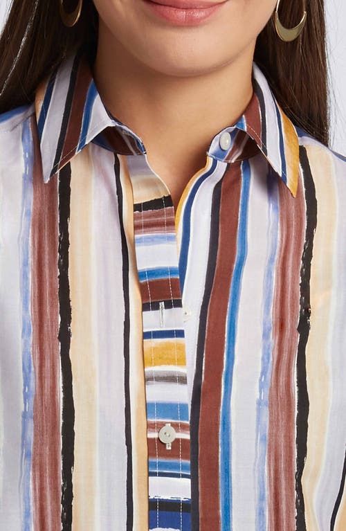 Foxcroft Meghan Watercolor Stripe Cotton Button-up Shirt In Blue Stripe