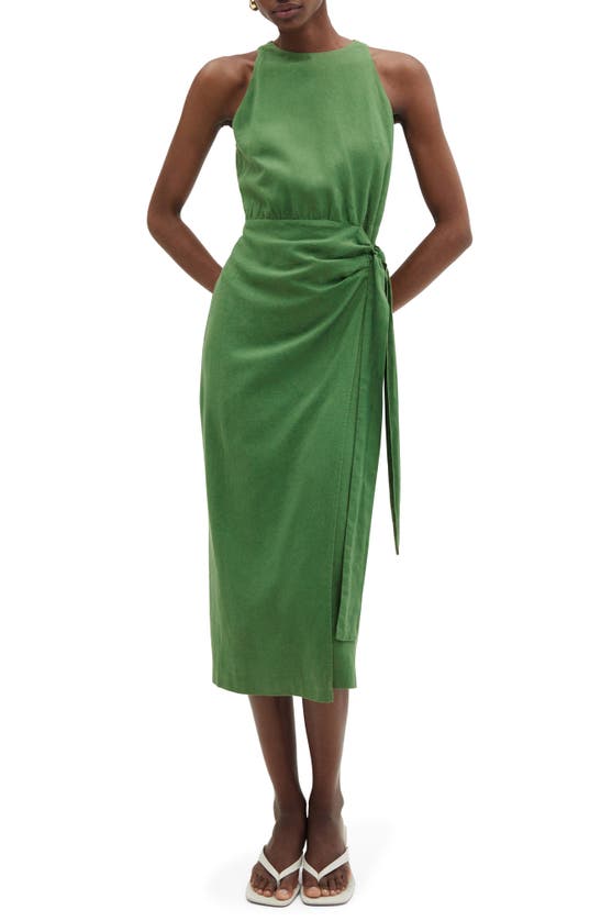MANGO MANGO FAUX WRAP LINEN BLEND MIDI DRESS