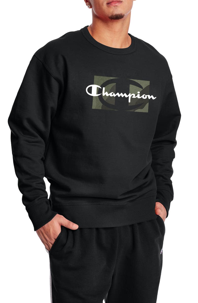 CHAMPION Powerblend Graphic Crew Neck Sweater, Main, color, BLACK
