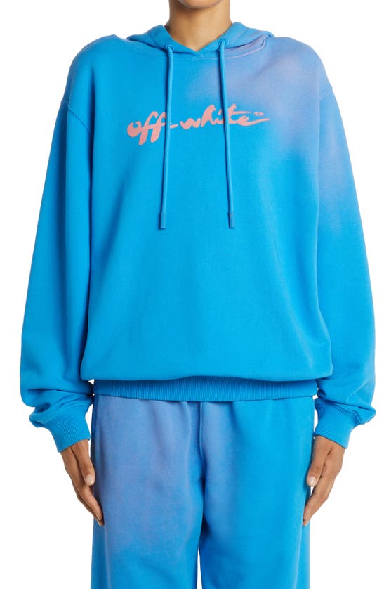Off-white Printed Cotton-jersey Hoodie In Blue Pink