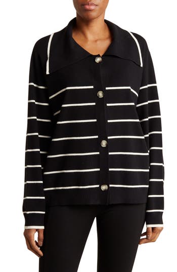 By Design Hadley Stripe Button Front Cardigan In Black/gardenia