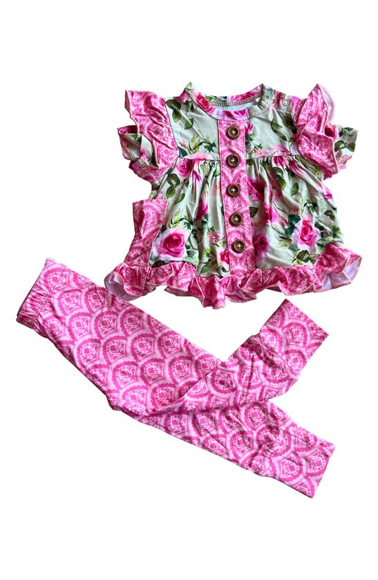 Shop Laree + Co Lochlyn Floral Ruffle Dress & Leggings Set In Green/pink