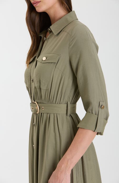 Shop August Sky Belted Shirtdress In Dusty Olive