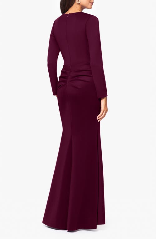 Xscape Evenings Side Ruffle Long Sleeve Scuba Gown In Wine