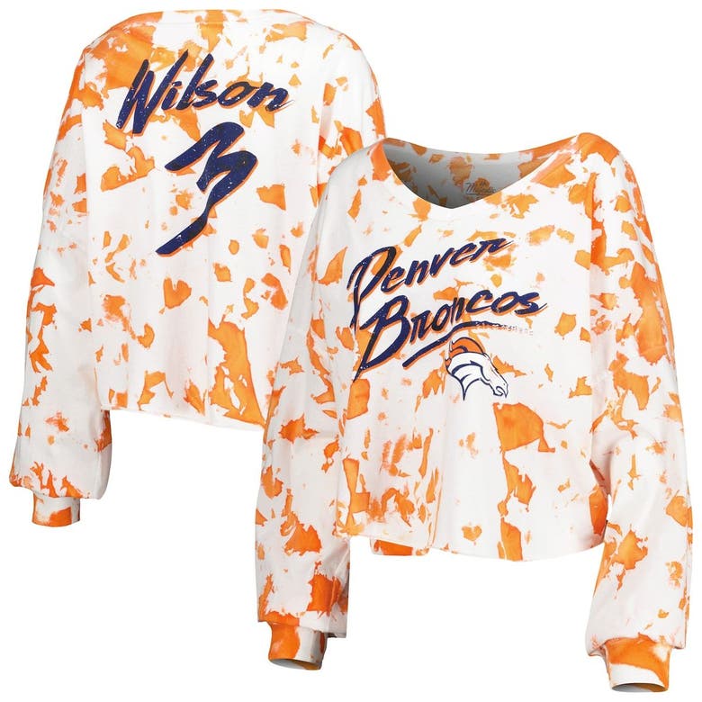 Majestic Threads Russell Wilson White/orange Denver Broncos Off-shoulder Tie-dye Name & Number Cropp