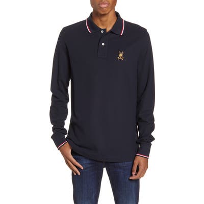 Psycho Bunny Tipped Long Sleeve Pique Polo, Blue