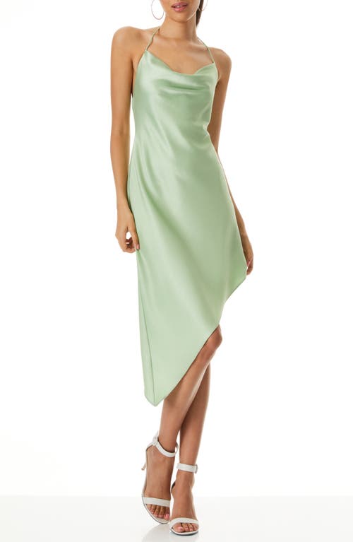 Alice + Olivia Harmony Halter Neck Asymmetric Satin Slipdress in Light Sage