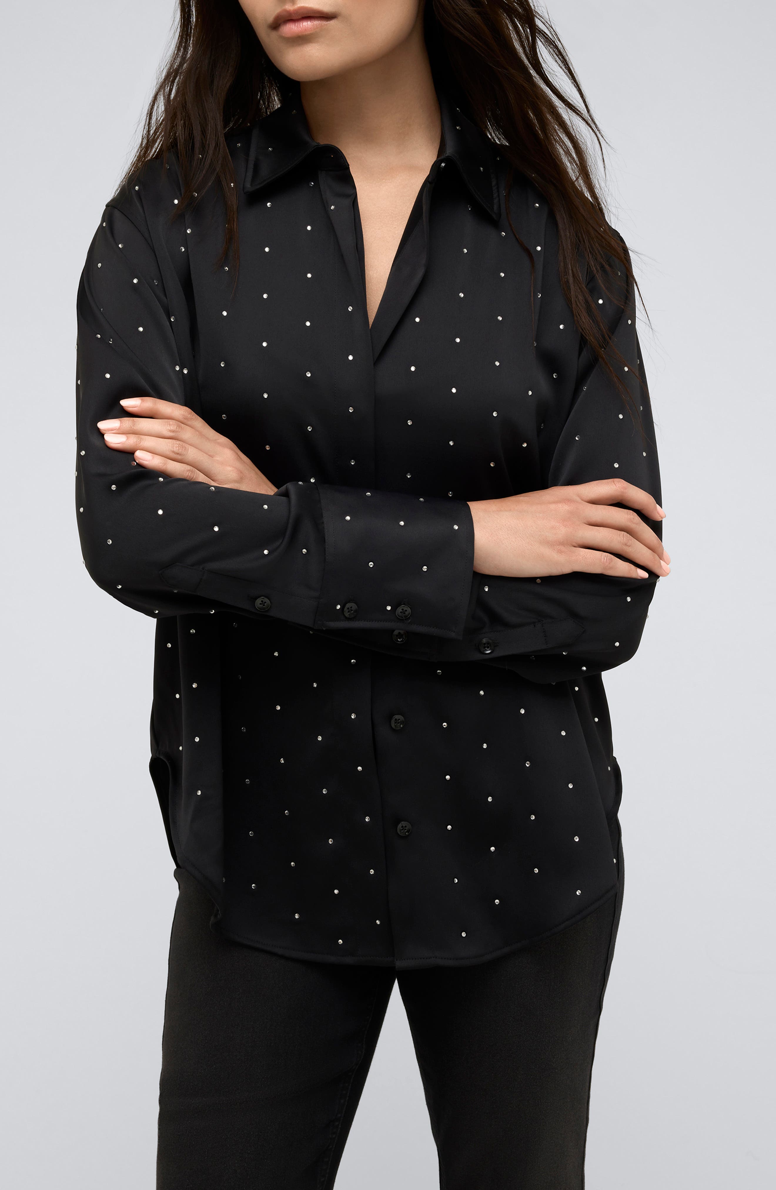 Kenneth Cole Rhinestone Detail Satin Button-Up Shirt in Black 