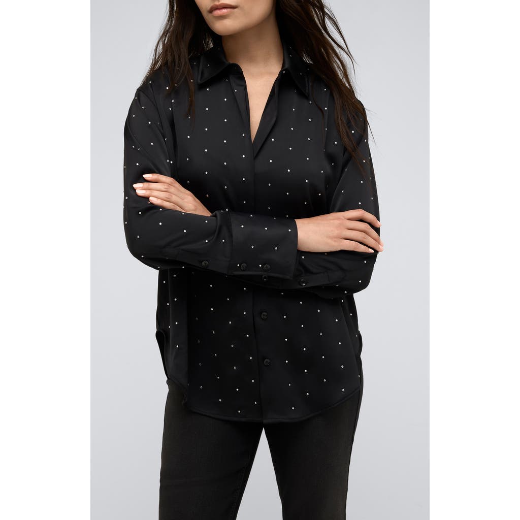 Kenneth Cole Rhinestone Detail Satin Button-Up Shirt in Black