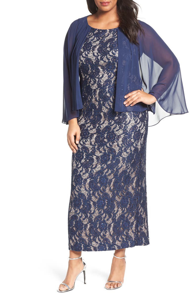 Alex Evenings Chiffon Overlay Long Lace Dress (Plus Size) | Nordstrom