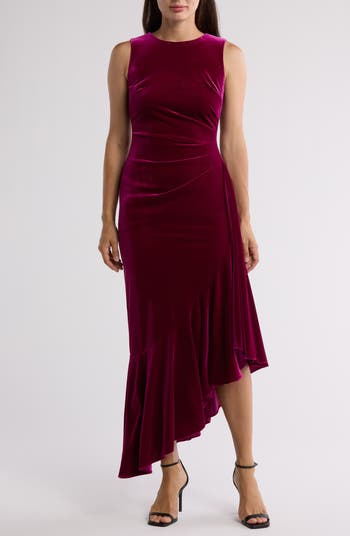 Sleeveless Ruffle Hem Velvet Midi Dress