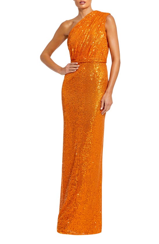 Shop Mac Duggal Sequin One-shoulder Column Gown In Orange