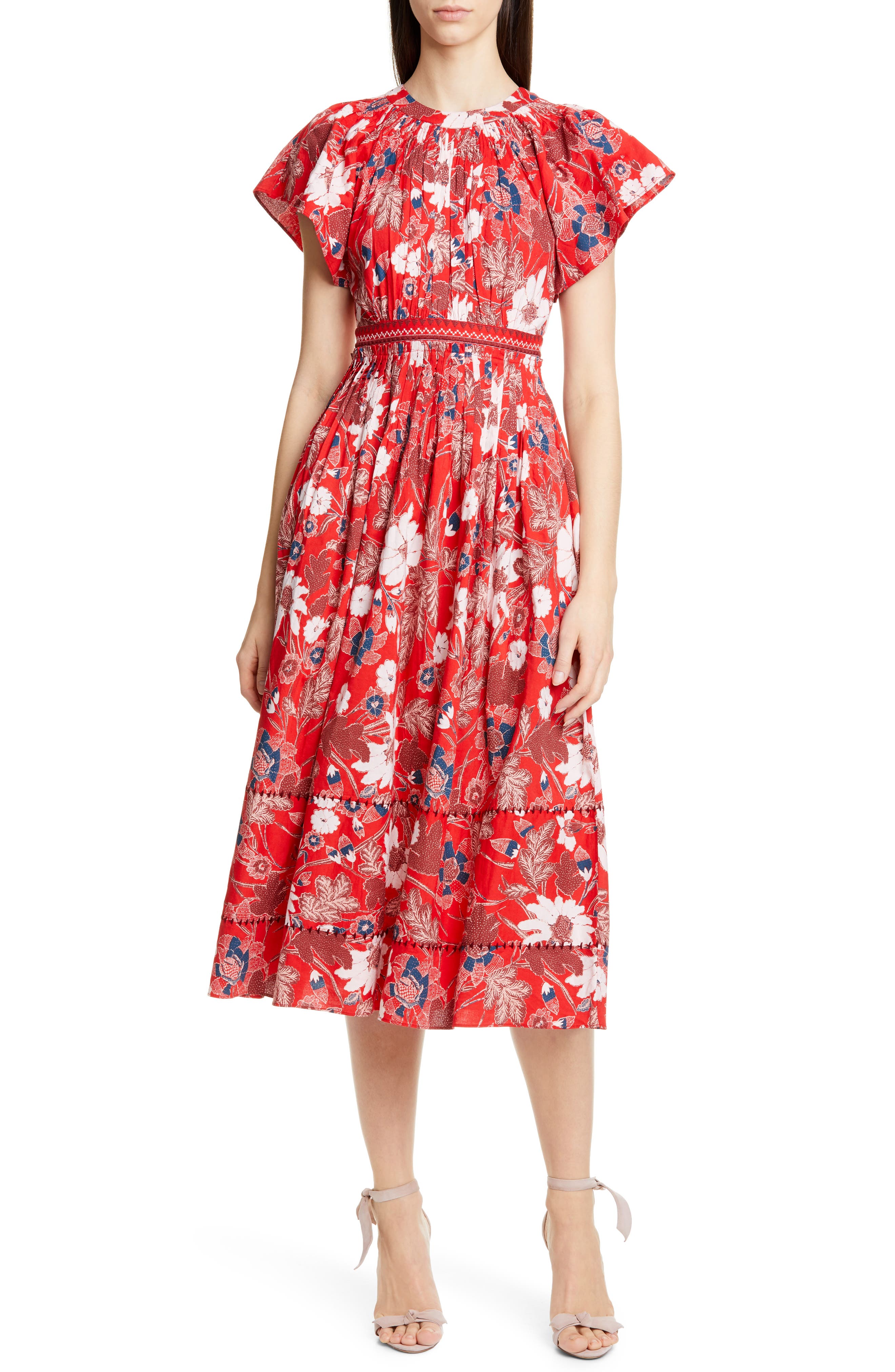 Ulla Johnson Lottie Floral Print Midi Dress, Red