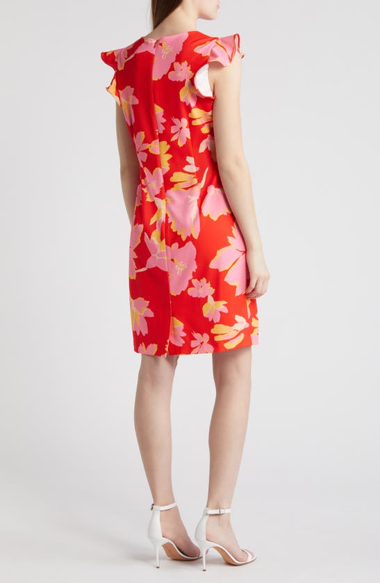 Shop Donna Ricco Floral Flutter Sleeve Sheath Dress In Fire Multi