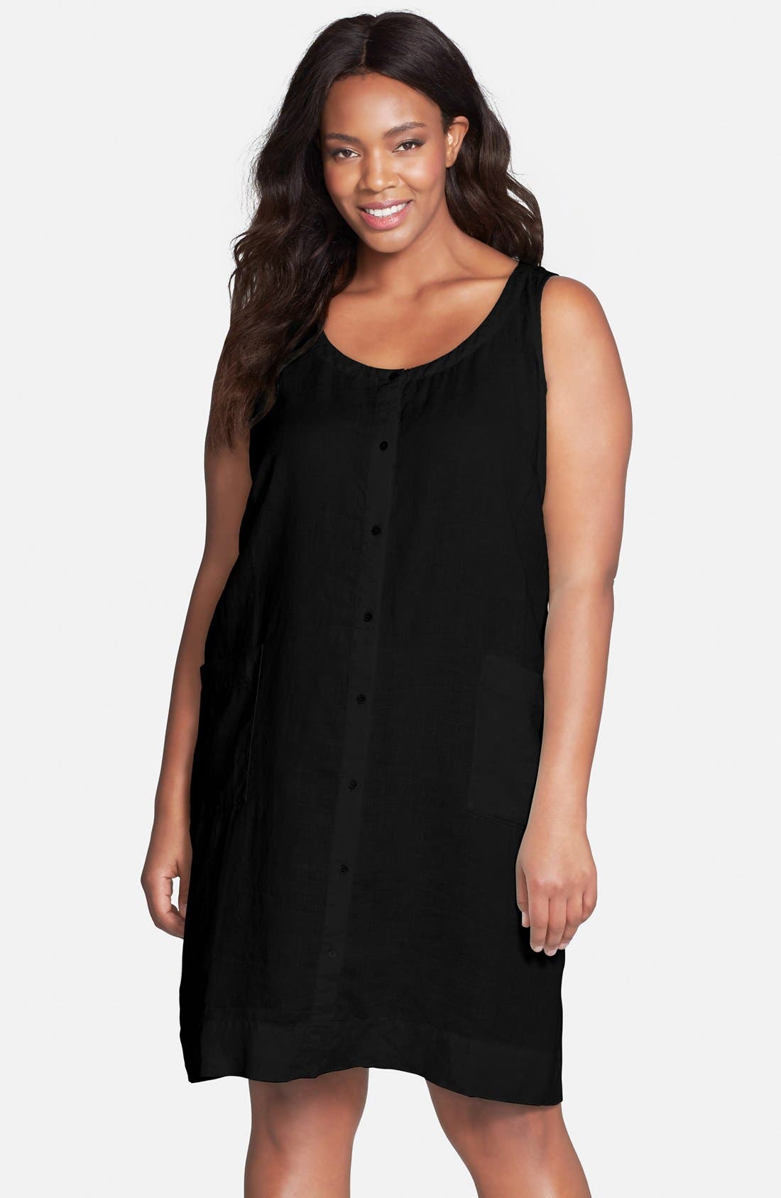 Eileen Fisher Hemp & Organic Cotton Sleeveless Button Front Dress (Plus